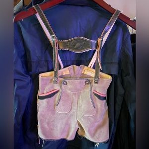 Kids Lederhosen. Raw gray leather with brown leather suspenders.